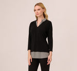 Three Quarter Sleeve Sweater With Button Down Accents In Blackw Black Ivorysmall Stripe 2