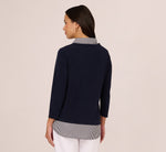 Three Quarter Sleeve Sweater With Button Down Accents In Navy W  Navy Ivry Small Stripe 5