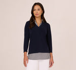 Three Quarter Sleeve Sweater With Button Down Accents In Navy W  Navy Ivry Small Stripe 2