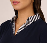 Three Quarter Sleeve Sweater With Button Down Accents In Navy W  Navy Ivry Small Stripe 4