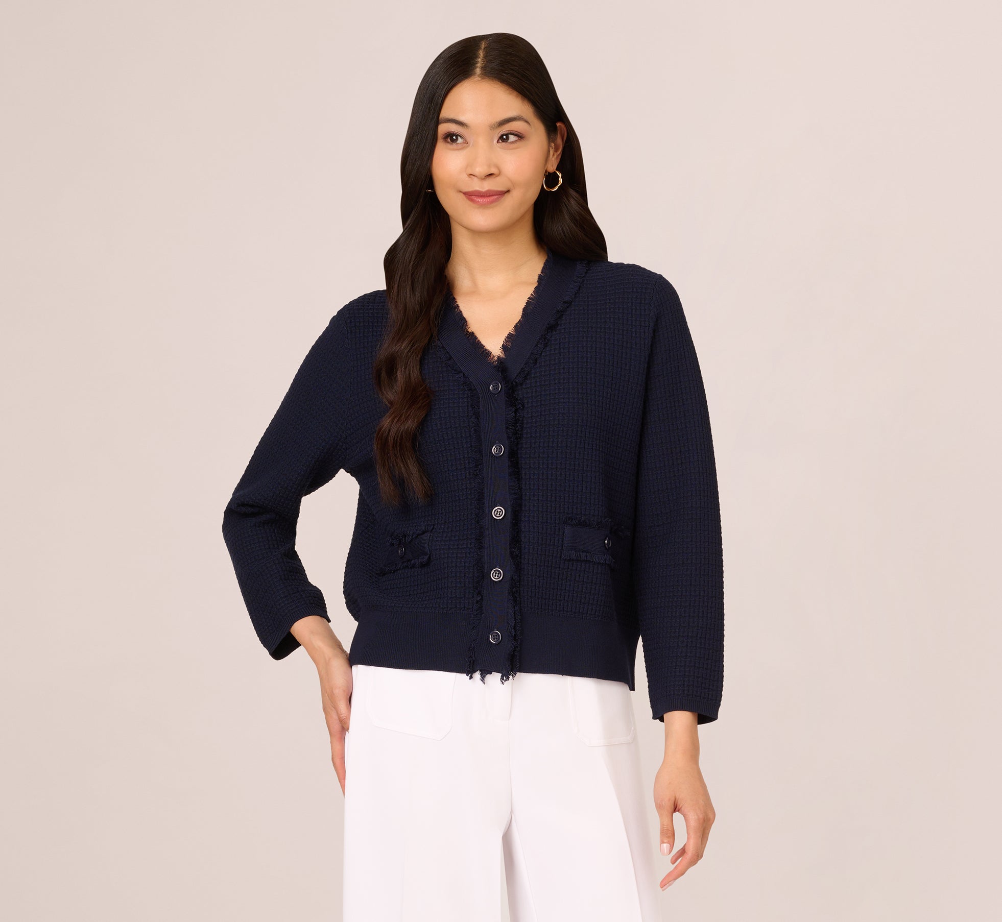 Navy Waffle Knit Cardigan Sweater With Frayed Edges - Adrianna Papell