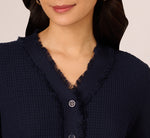 Waffle Knit Cardigan Sweater With Frayed Edges In Blue Moon 3