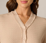 Waffle Knit Cardigan Sweater With Frayed Edges In Champagne Blush 5