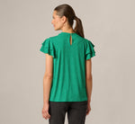Double Flutter Sleeve Ruffle Neck Top In Vivid Green Broken Dot 6