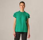Double Flutter Sleeve Ruffle Neck Top In Vivid Green Broken Dot 3