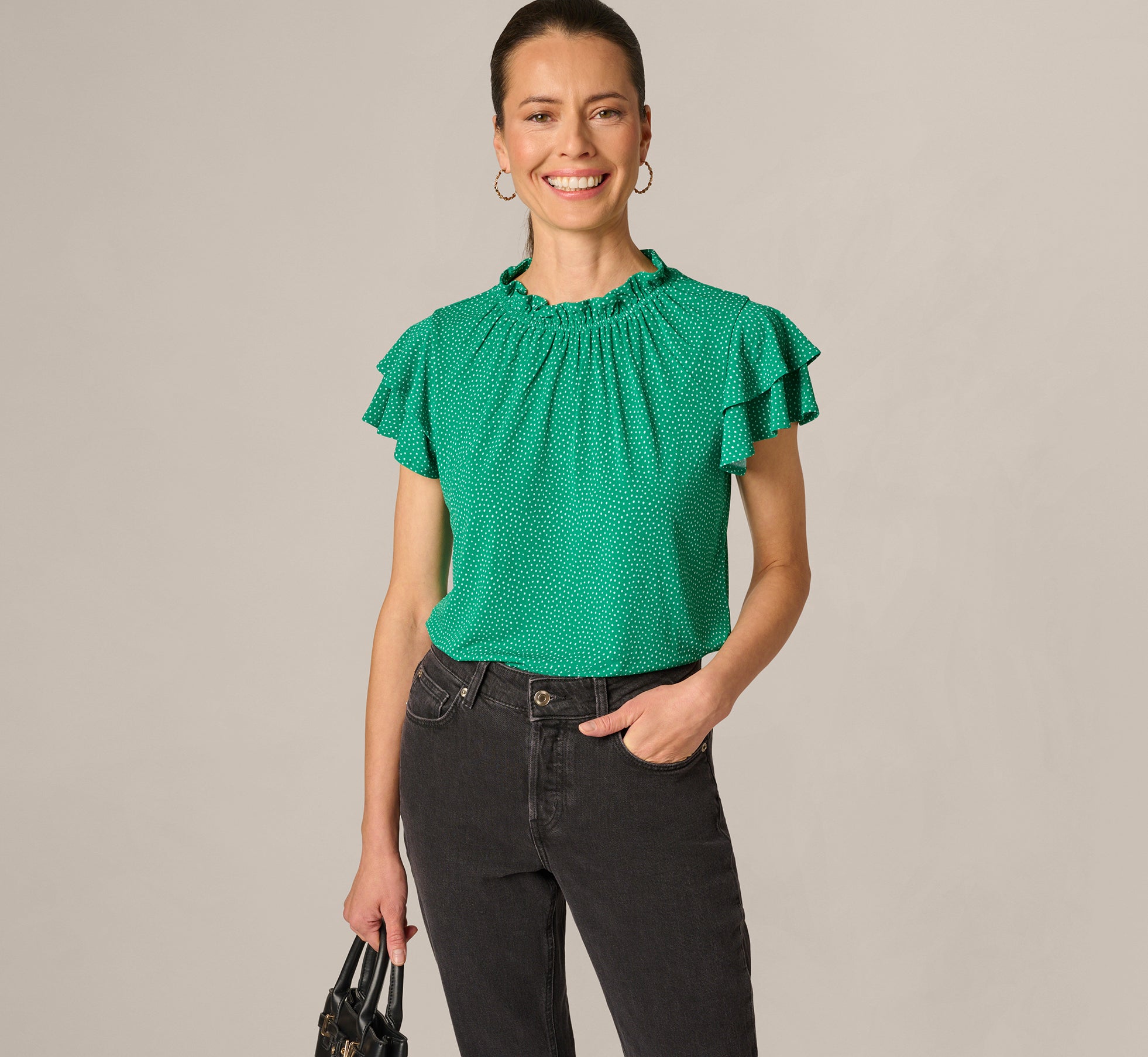 Double Flutter Sleeve Ruffle Neck Top In Vivid Green Broken Dot 1