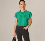 Double Flutter Sleeve Ruffle Neck Top In Vivid Green Broken Dot 1