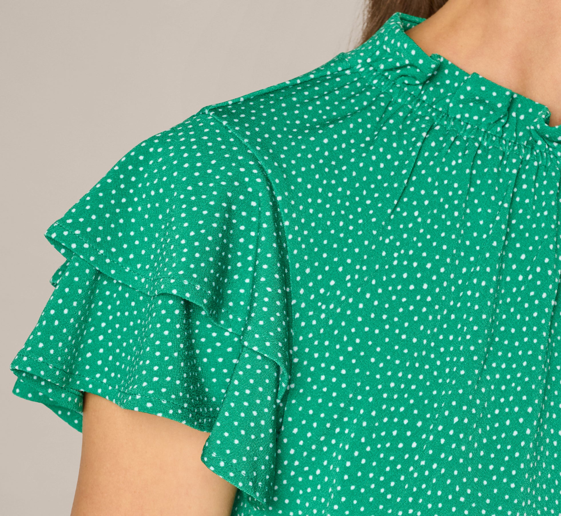 Green Double Flutter Sleeve Ruffle Neck Top - Adrianna Papell
