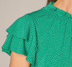 Double Flutter Sleeve Ruffle Neck Top In Vivid Green Broken Dot 5