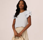 Double Flutter Sleeve Top With Pleated Details In Halogen Blue 1