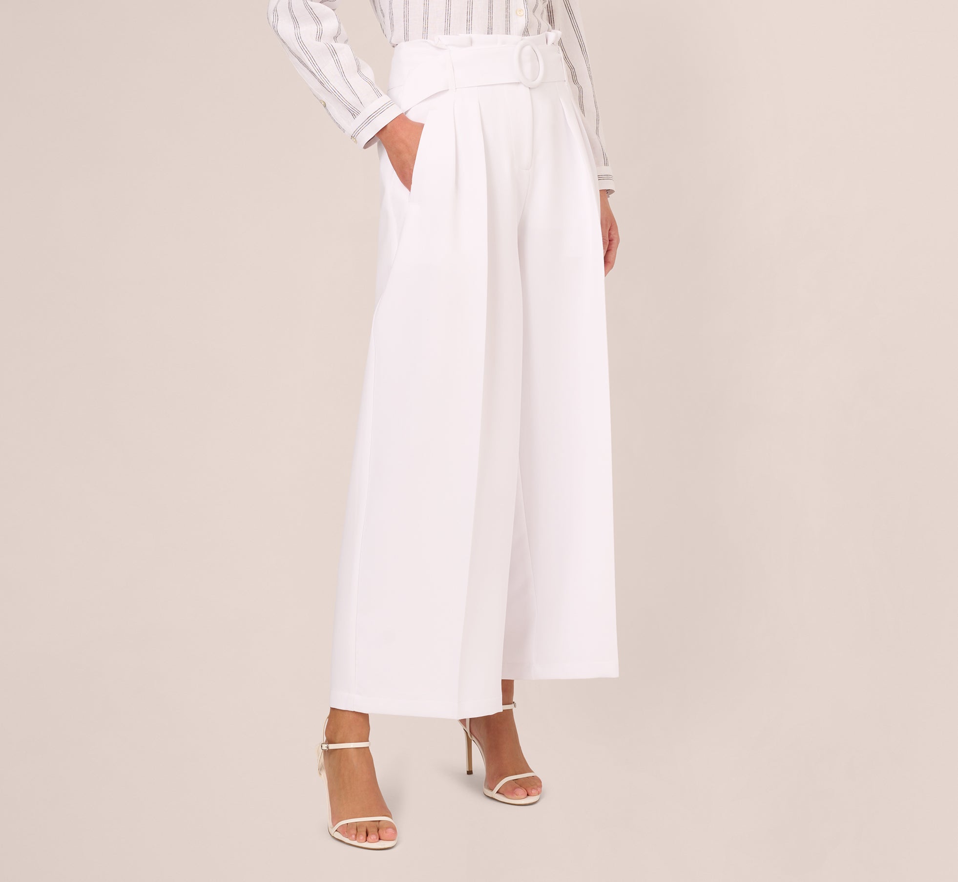 Belted Wide Leg Pants With Pockets In White