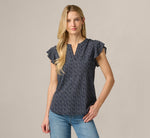 Flutter Sleeve Notch Neck Top In Navy Abstract Stripe 3