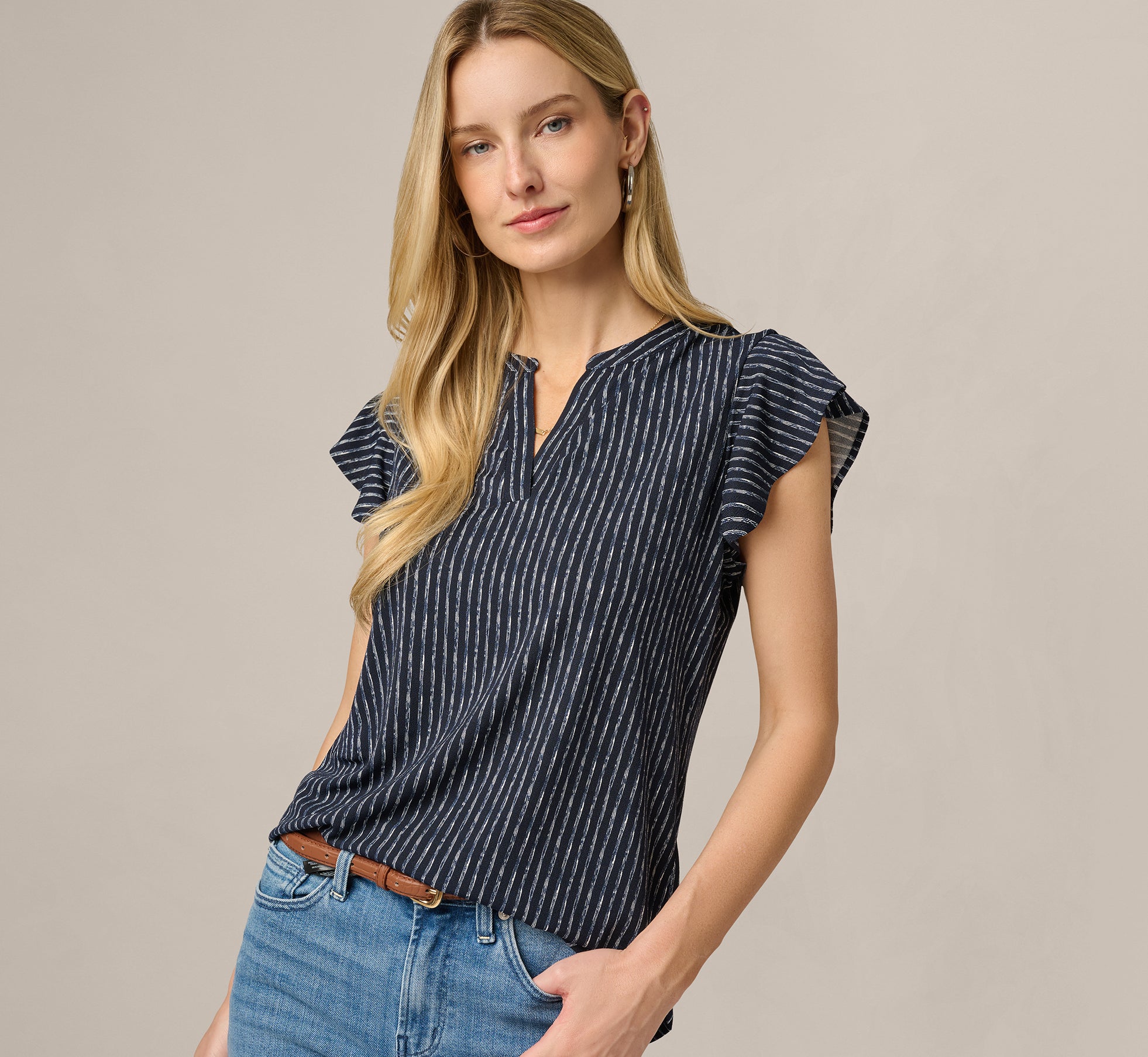 Flutter Sleeve Notch Neck Top In Navy Abstract Stripe 1