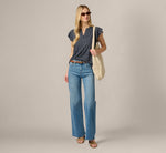 Flutter Sleeve Notch Neck Top In Navy Abstract Stripe 2