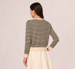 Crew Neck Button Front Striped Pointelle Cardigan Sweater In Cream Black 6