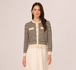 Crew Neck Button Front Striped Pointelle Cardigan Sweater In Cream Black 3