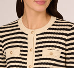 Crew Neck Button Front Striped Pointelle Cardigan Sweater In Cream Black 4