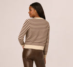 Crew Neck Button Front Striped Pointelle Cardigan Sweater In Cream Dark Brown 7