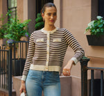Crew Neck Button Front Striped Pointelle Cardigan Sweater In Cream Dark Brown 1