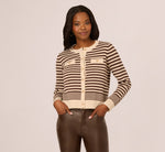 Crew Neck Button Front Striped Pointelle Cardigan Sweater In Cream Dark Brown 4