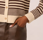 Crew Neck Button Front Striped Pointelle Cardigan Sweater In Cream Dark Brown 5