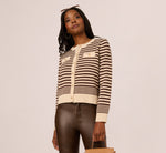Crew Neck Button Front Striped Pointelle Cardigan Sweater In Cream Dark Brown 2