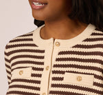 Crew Neck Button Front Striped Pointelle Cardigan Sweater In Cream Dark Brown 6