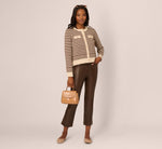 Crew Neck Button Front Striped Pointelle Cardigan Sweater In Cream Dark Brown 3