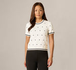 Short Sleeve Chain Patterned Knit Top In Ivory Navy Medium Simple Dot 3