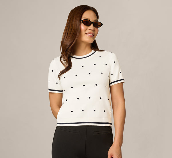 White Short Sleeve Chain Patterned Knit Top - Adrianna Papell