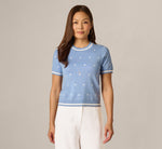 Short Sleeve Chain Patterned Knit Top In Classic Blue Medium Simple Dot 3