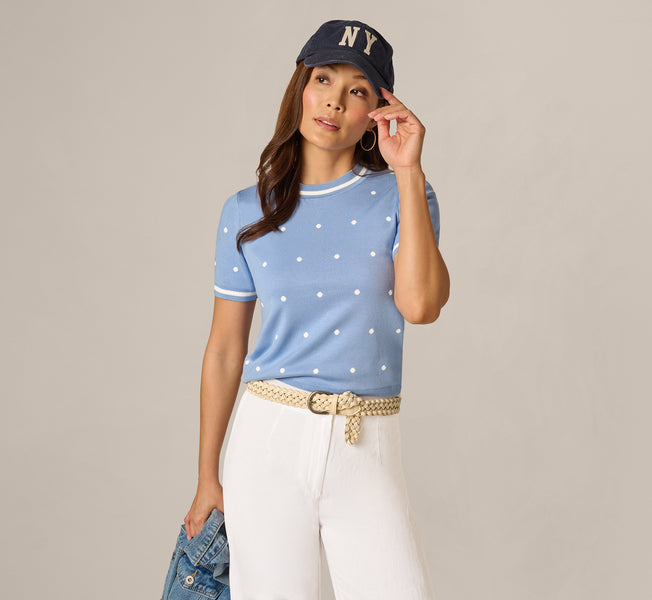 Blue Short Sleeve Chain Patterned Knit Top - Adrianna Papell