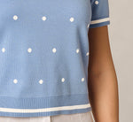 Short Sleeve Chain Patterned Knit Top In Classic Blue Medium Simple Dot 5