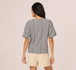 Bubble Sleeve Printed Tie Waist Top In Navy Stencil 6