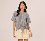 Bubble Sleeve Printed Tie Waist Top In Navy Stencil 3