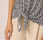 Bubble Sleeve Printed Tie Waist Top In Navy Stencil 4