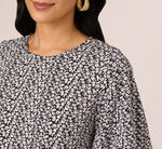 Bubble Sleeve Printed Tie Waist Top In Navy Stencil 5