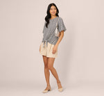 Bubble Sleeve Printed Tie Waist Top In Navy Stencil 2