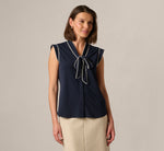 Cap Sleeve Tie Neck Blouse In Blue Moon Ivory 3