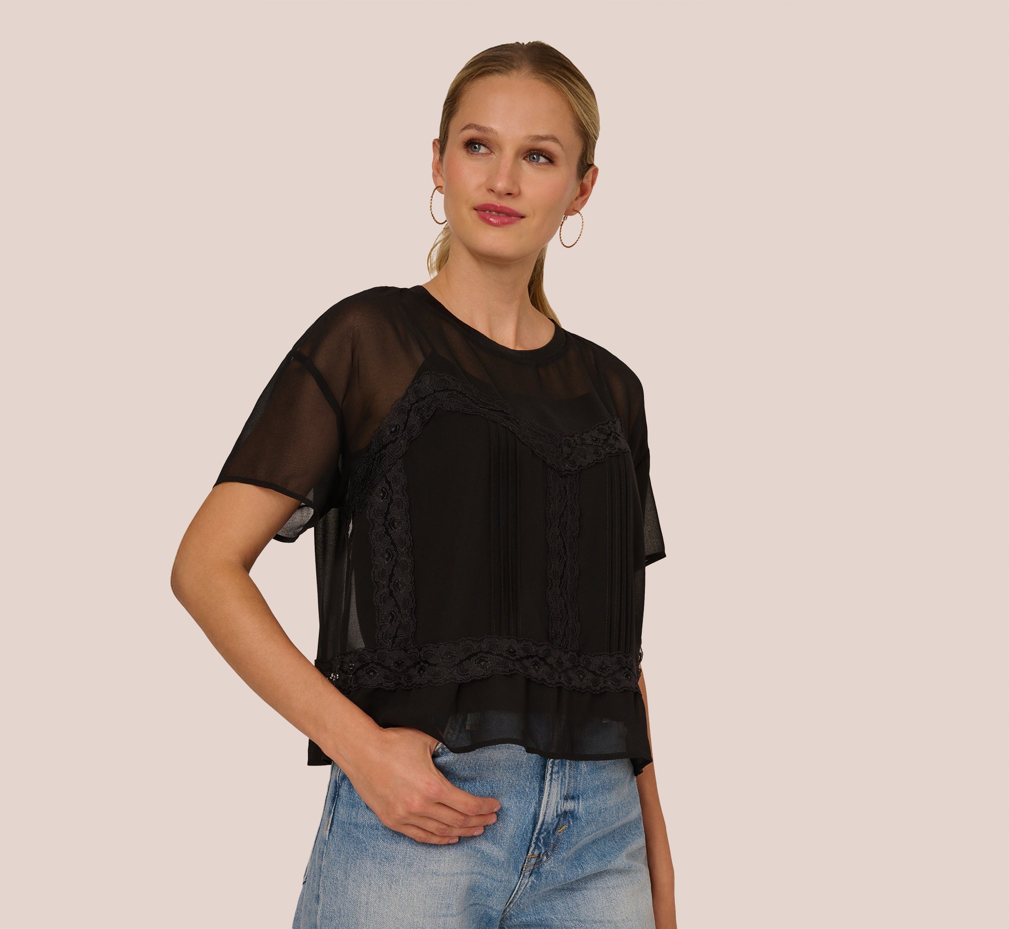 Short Sleeve Pintuck Lace Top In Black 1