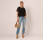 Short Sleeve Pintuck Lace Top In Black 2