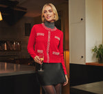 Rhinestone Pearly Cardigan Sweater In Haute Red 1