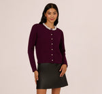 Pearly Trim Cable Knit Cardigan Sweater In Raisin 4