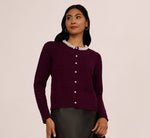 Pearly Trim Cable Knit Cardigan Sweater In Raisin 2