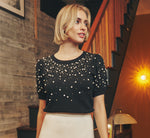 Puff Sleeve Pearly Embellished Sweater In Black 1