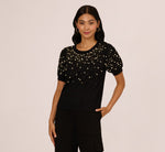 Puff Sleeve Pearly Embellished Sweater In Black 4