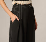 Topstitch Wide Leg Paperbag Pant With Belt In Black Ivory 4
