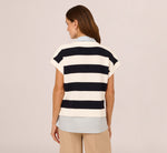 Striped Sweater Vest Cap Sleeve Collared Twofer Shirt In Navy Ivory Stripe W  Chambray 5