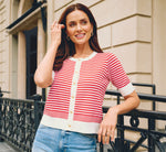 Short Sleeve Metallic Button Cardigan Sweater In Ivory Red 1