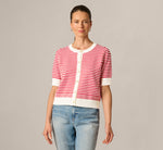 Short Sleeve Metallic Button Cardigan Sweater In Ivory Red 4